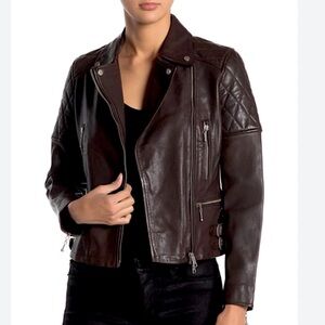 ALL SAINTS brown leather biker jacket SIZE 6. 100% lamb leather